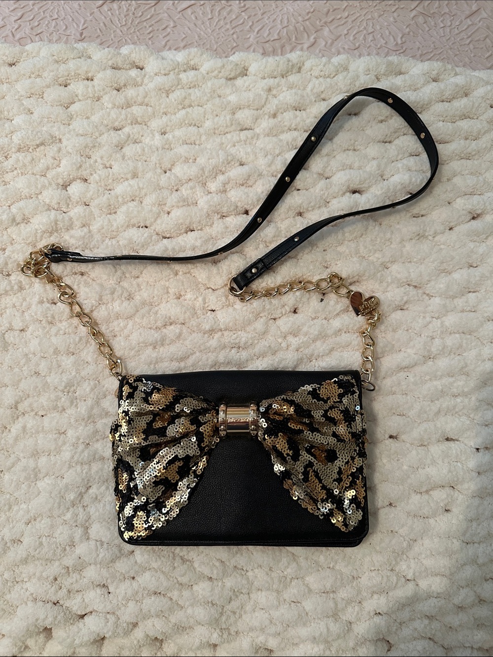 Betsey Johnson Black Crossbody with Gold Cheetah Sequin Bow Accent